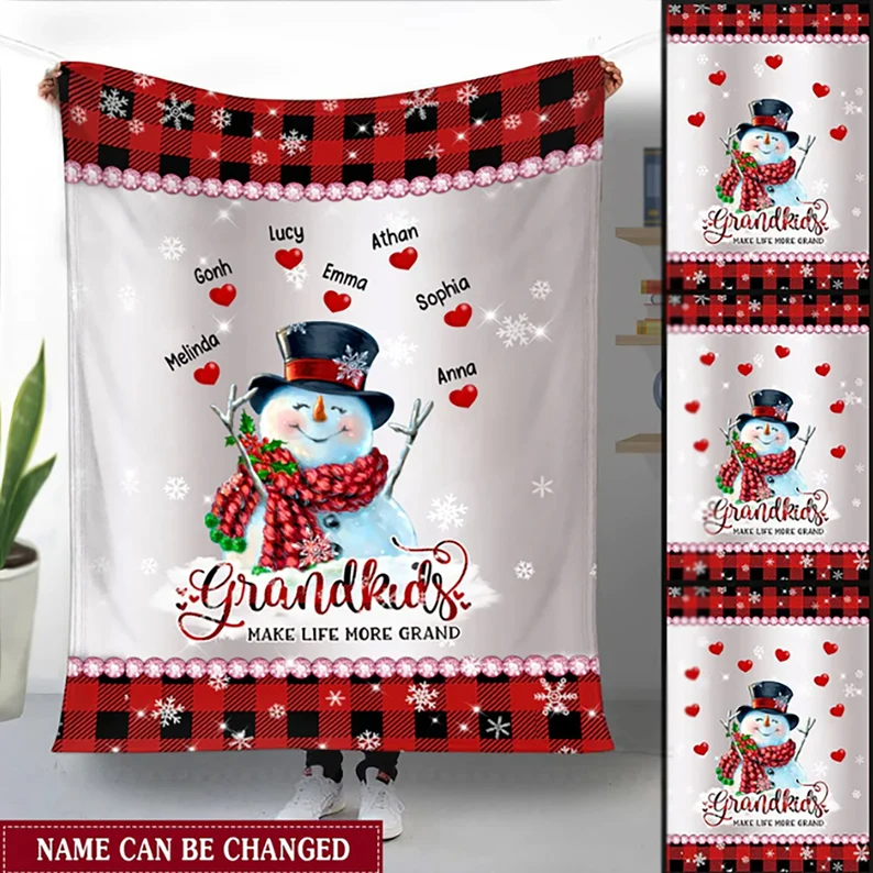 Personalized Grandkids Make Life More Grand Snowman Christmas Blanket, Gift For Mom And Grandmother, Birthday Gift, Christmas Gift