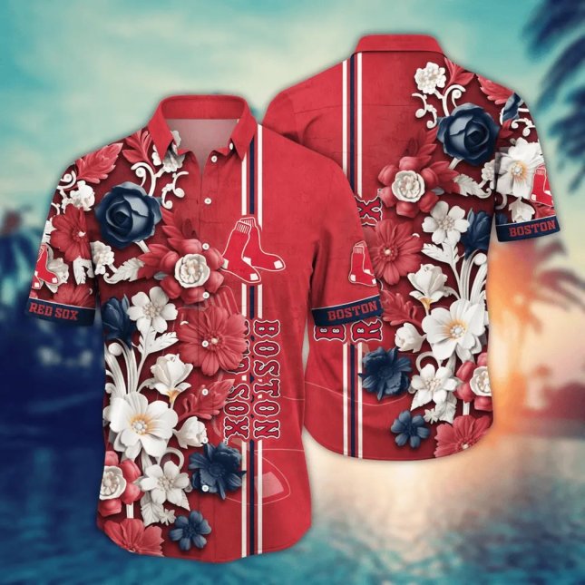 Boston Red Sox Floral Stripe Hawaiian Shirt  Stylish Fan Apparel