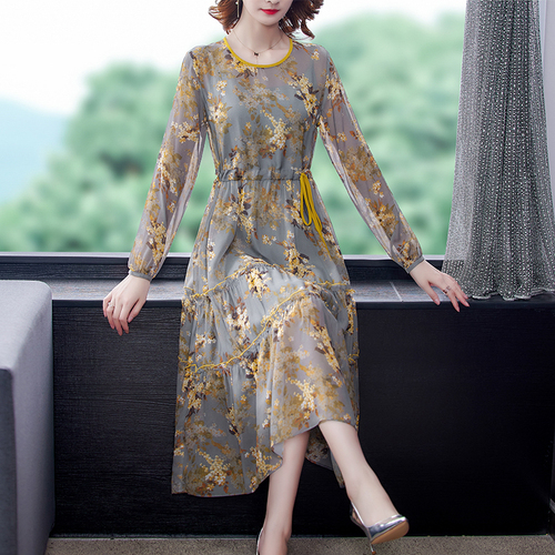 Spring Autumn Casual Floral Natural Silk Dresses 2022 Vintage Long Sleeve Dresses Elegant Bodycon Women Evening Vestidos alx