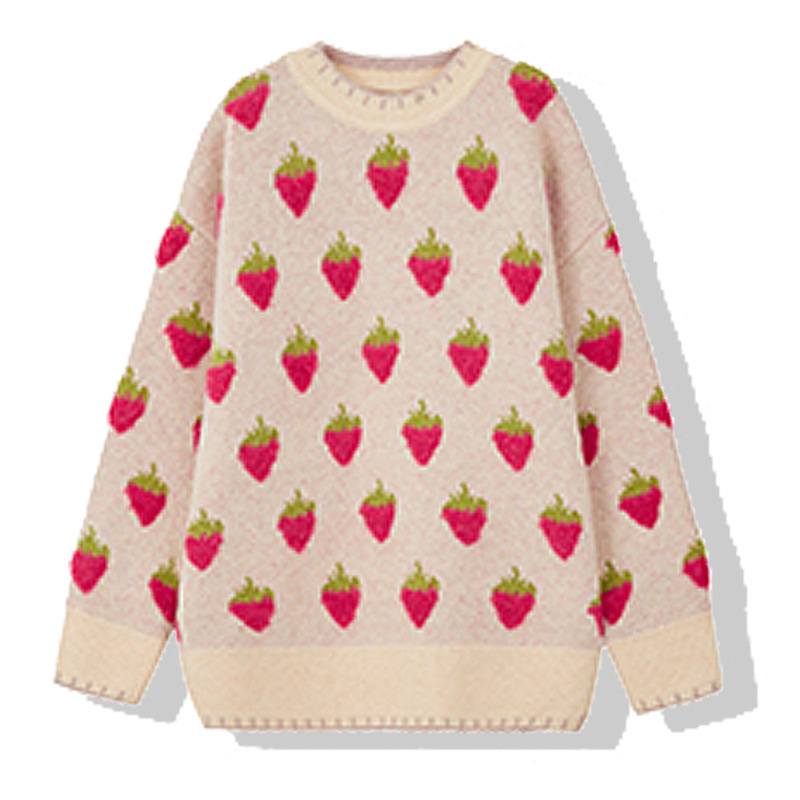 Winter Knitted Sweater Women Strawberry Embroidery Oversized Pullovers Harajuku Casual O-Neck Loose Knitwear Jumper Sueter Mujer alx