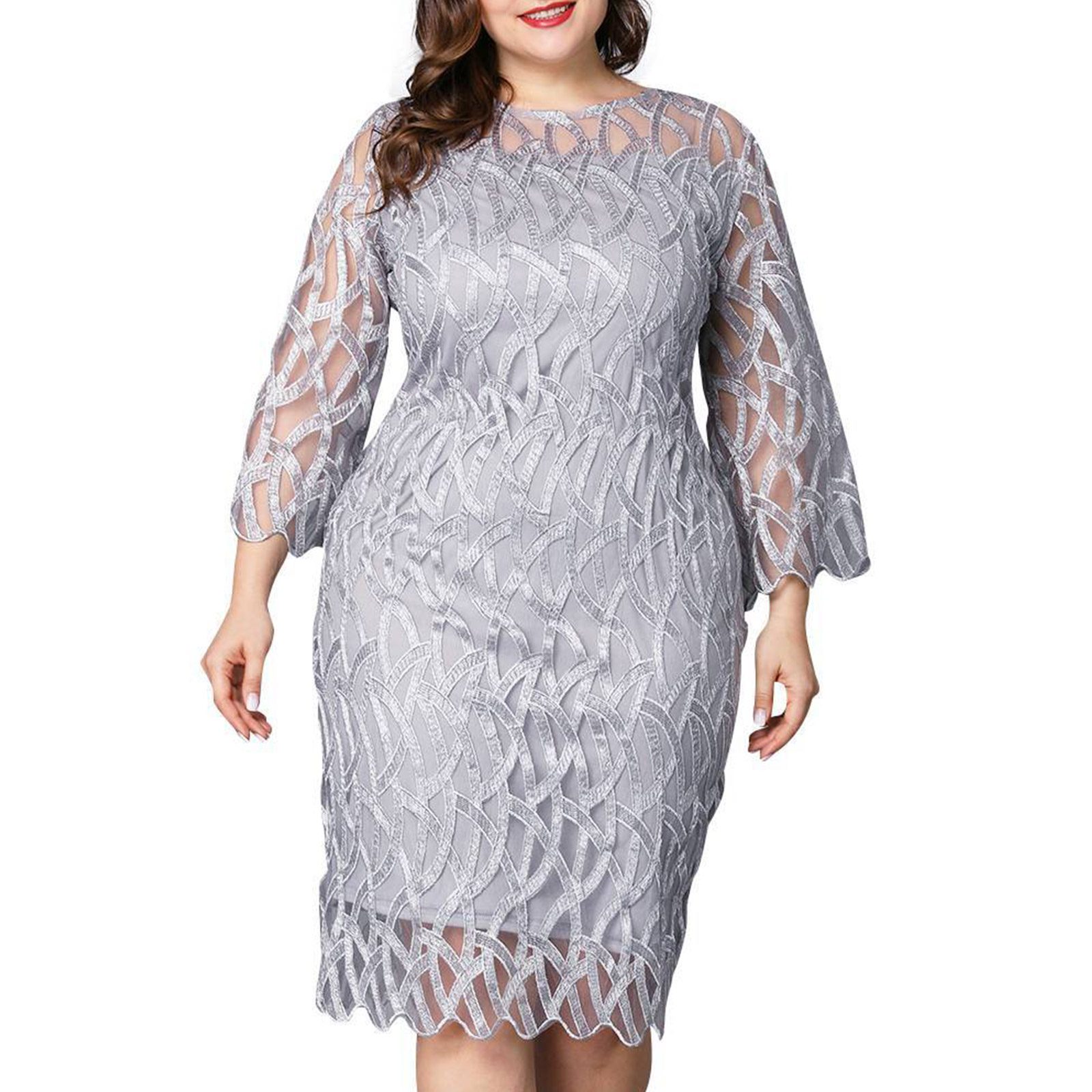 Women’s Plus Size Dresses Lace 3/4 Sleeves Evening Gown Party Cocktail Dress Crewneck Hollow Out alx