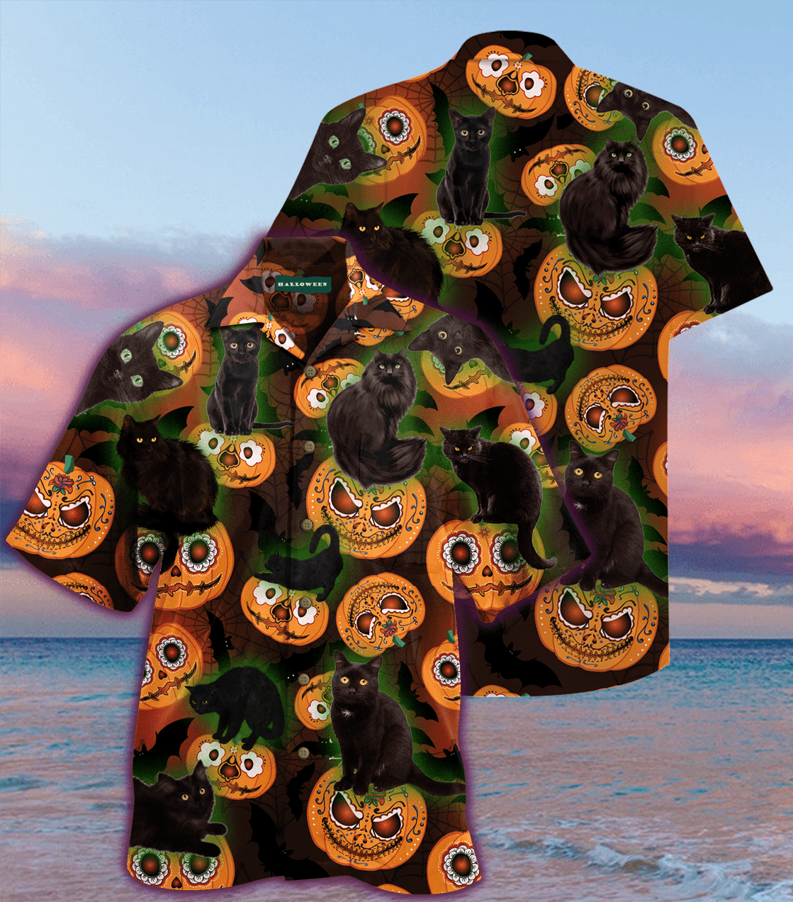 High Quality Black Cat Pumpkin Halloween Hawaii Aloha Shirts Ha12989