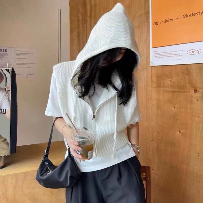 Sweater Vest Women Hooded Solid Crop Casual Gentle Street Wear College Young Slim Design All-match Chic Ulzzang Cool New Autumn alx