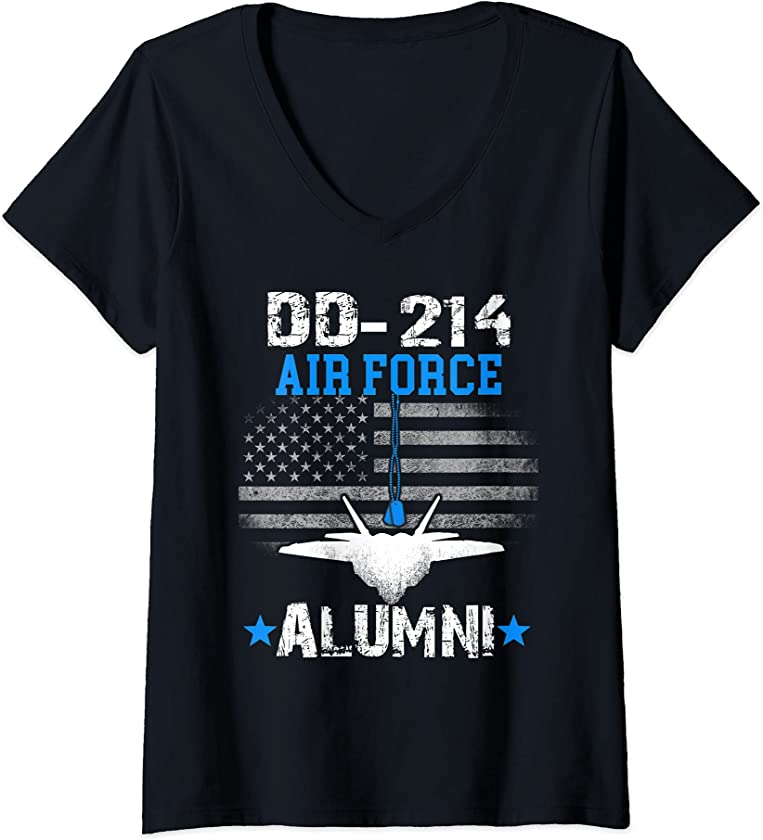 Womens Air Force Alumni DD-214 Vintage American Flag And Dogtag V-Neck T-Shirt