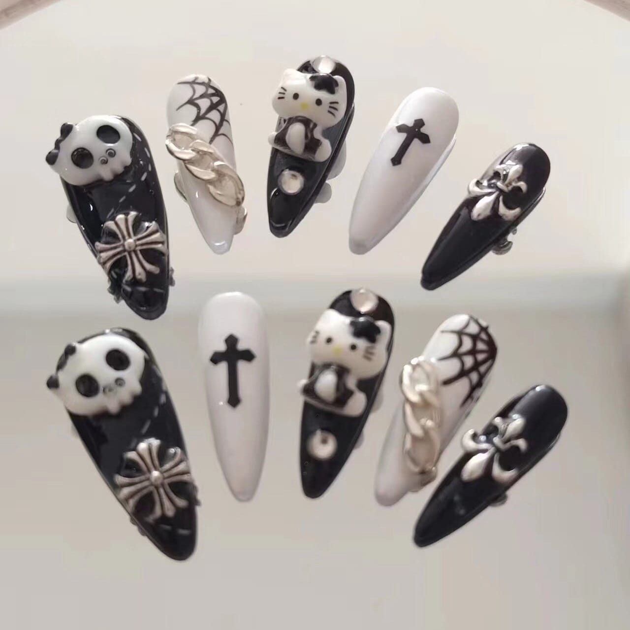 Cute Black skull Kitty cobweb Punk Cool & Cute Cross Handmade Press On Nails/ Black cross nails/ Halloween nails/Spooky nails #219