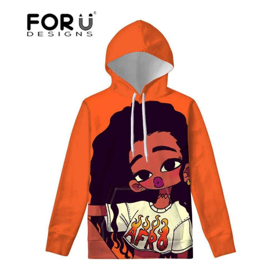 Afro Girl Cartoon Orange Hoodie 3D All Over Print Custom Name #V