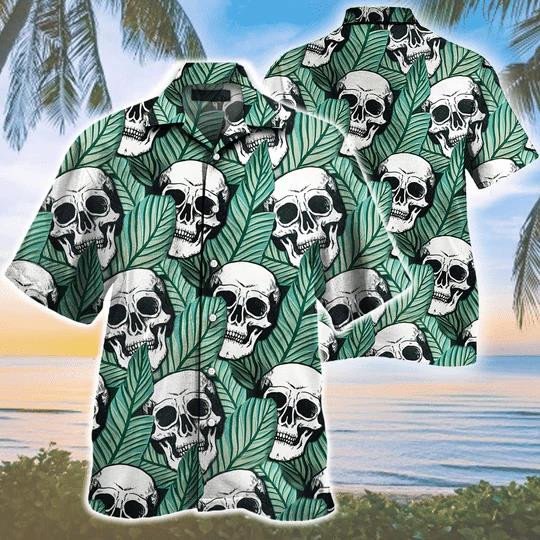 Tropical Skull And Green Leaf Seamless Pattern Hawaii Shirt Ha104006