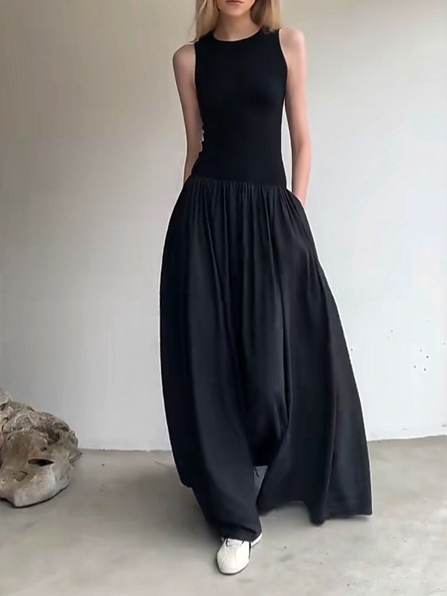 Sporty Black Long Tank Dress Woman Summer O Neck Floor-length Office Lady Casual Pockets Dresses for Women 2022 alx