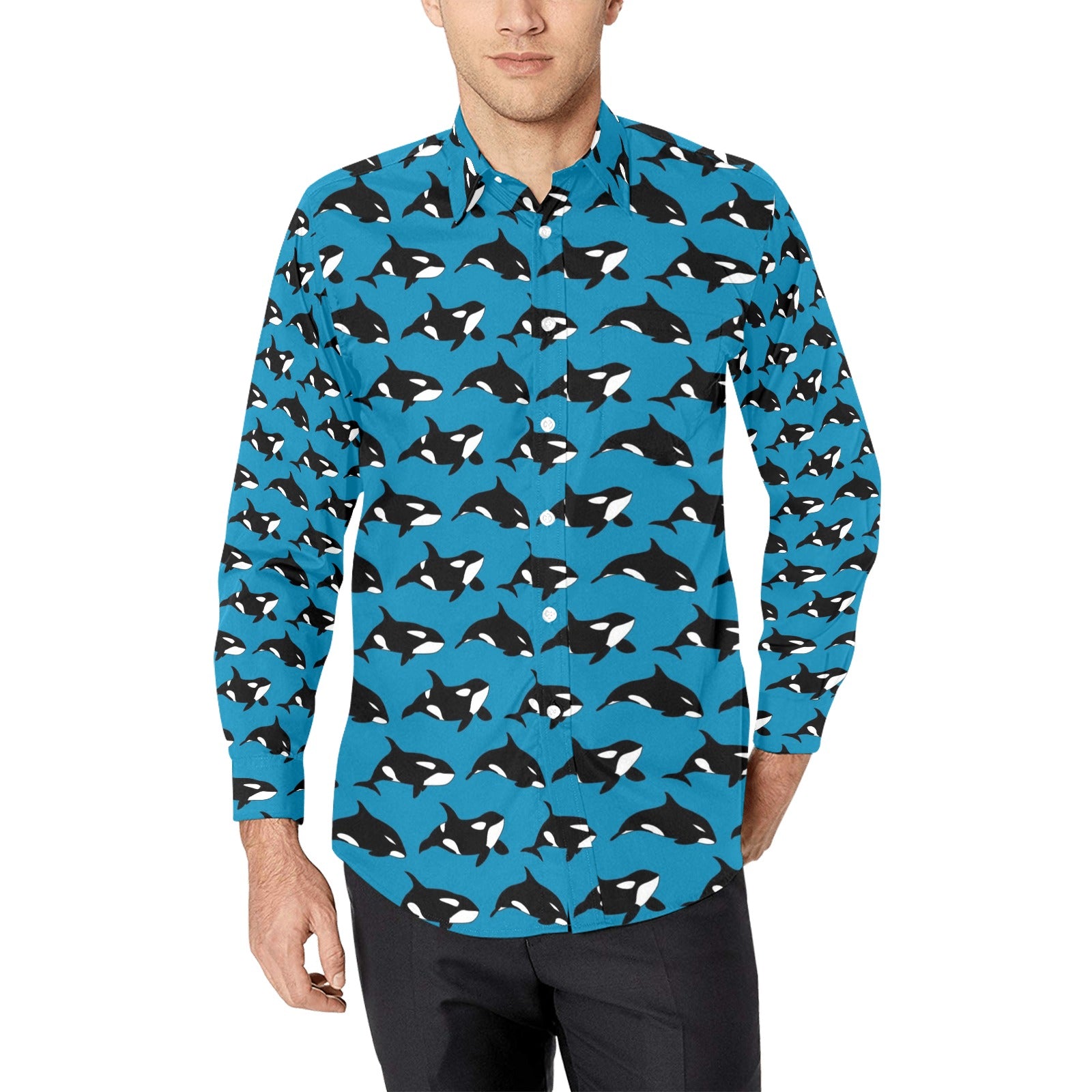 Whale Print Design Lks304 Long Sleeve Dress Shirt