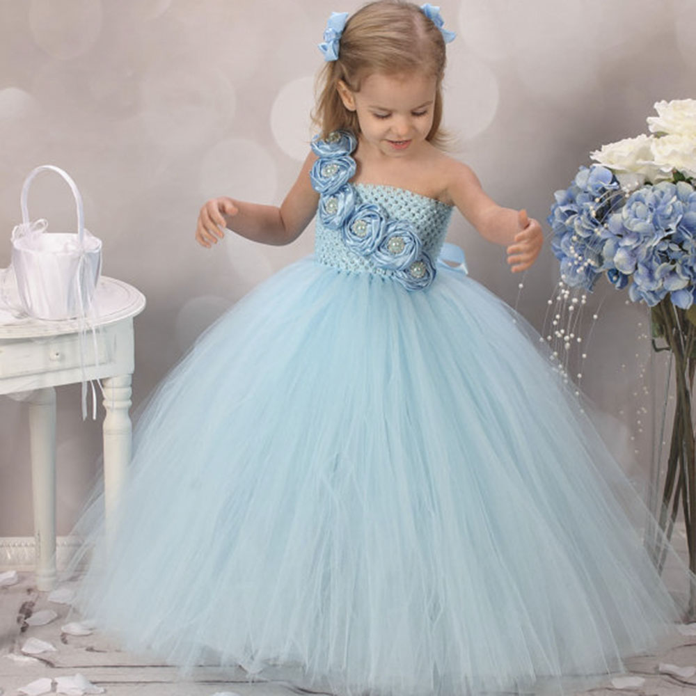 Blue Girl Dress Flower Causal Baby Girl Tutu Dress Birthday Wedding Performance Kids Clothing for Girls Size 2-10Y alx