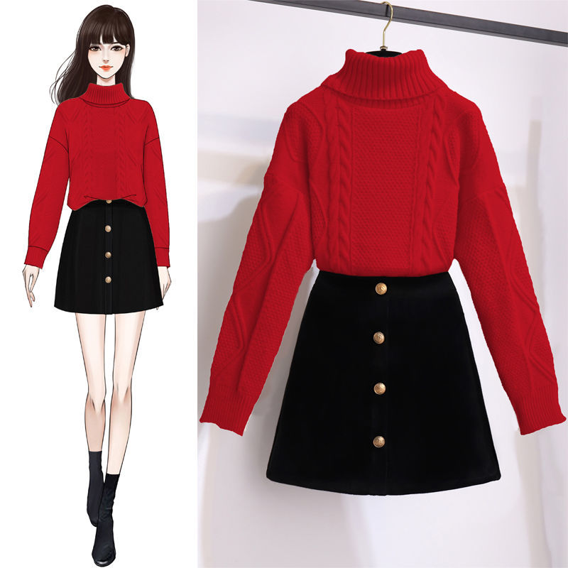 Autumn and Winter Suit Women 2022 New Fashion Casual High Neck Knitted Sweater Women’s Slim Skirt Two Piece Set alx