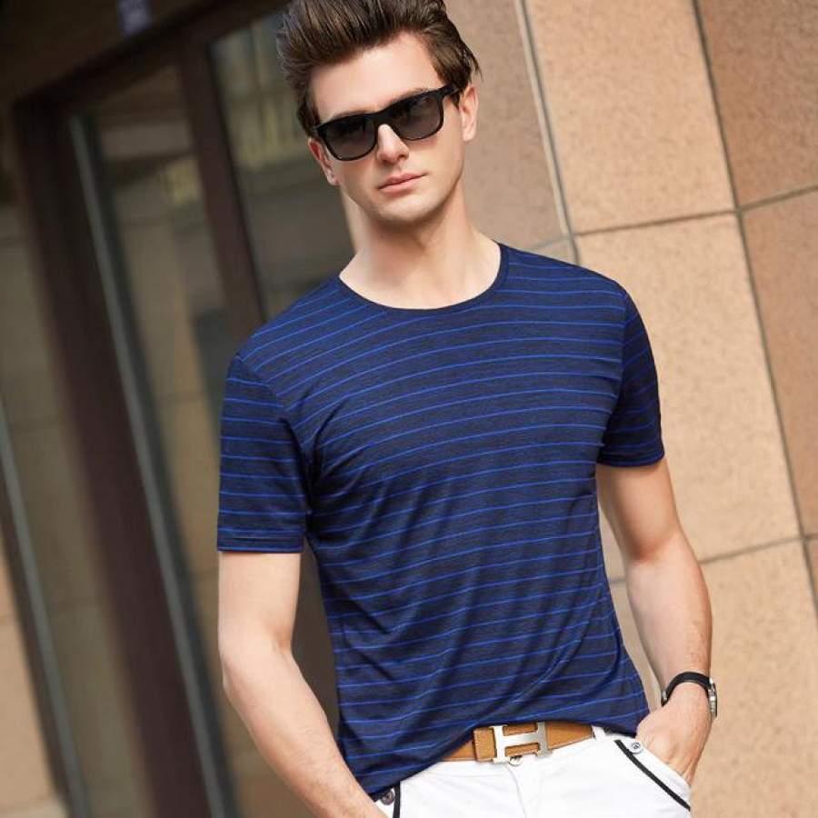 T Shirt Men Summer Top Trends Stripe  Slim Fit Short Sleeve T-Shirt Senior O-Neck Casual