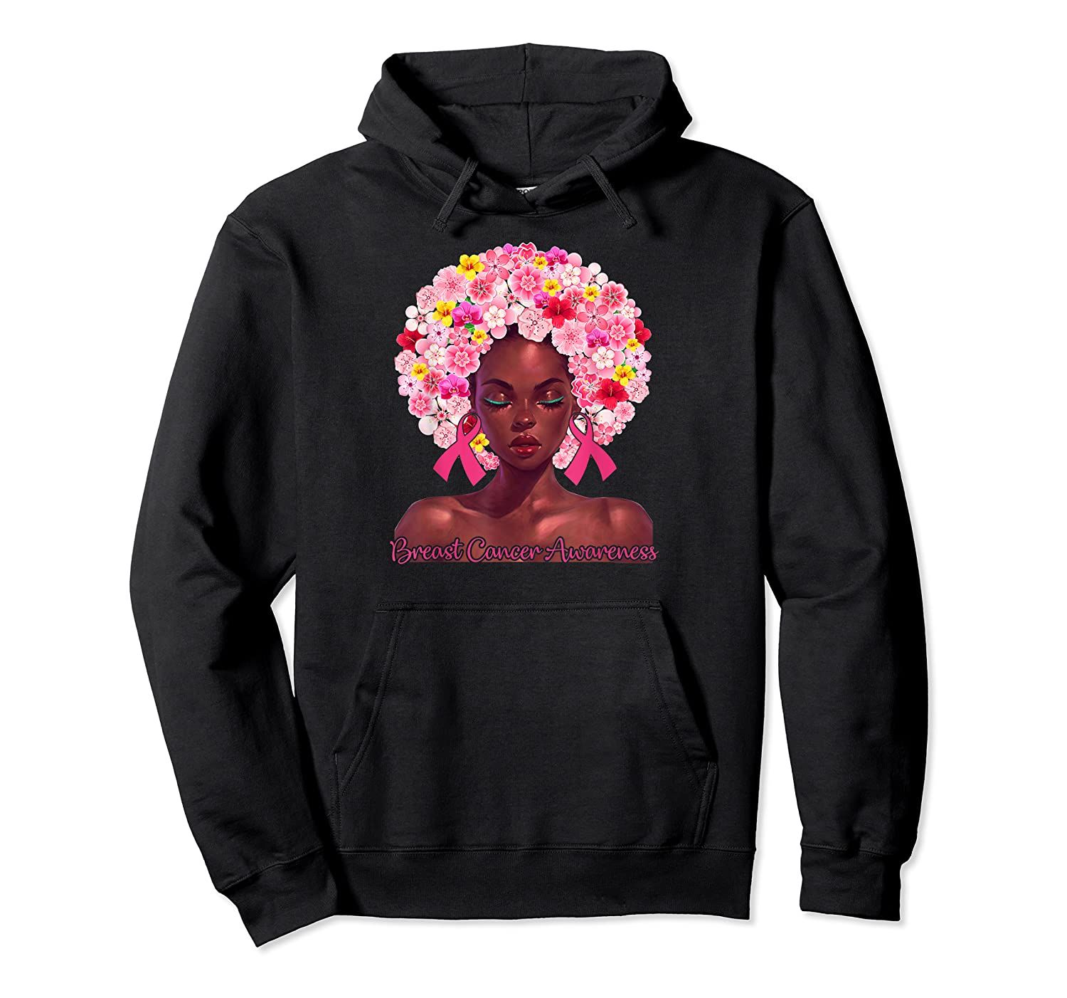 Pink Flowers Afro Hair Black Woman Breast Cancer Awareness Pullover Hoodie, T-Shirt, Sweatshirt