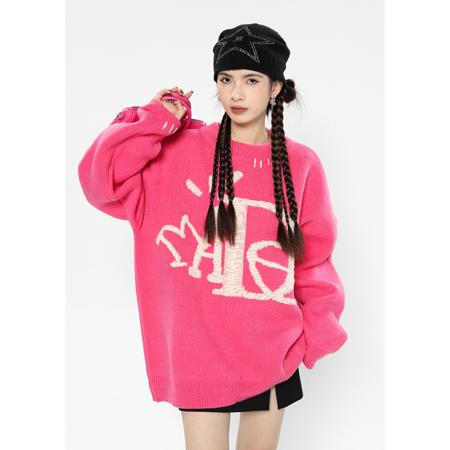 Women Pink Sweater Round Neck Embroidery Fashion Vintage Leisure Lazy Wind Loose Winter Female Thicken Warm Knitting Pullover alx