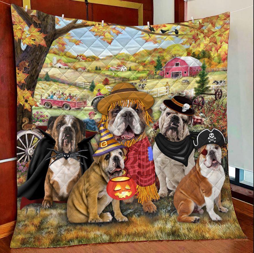 Bulldog Autumn Family Halloween – Quilt Blanket