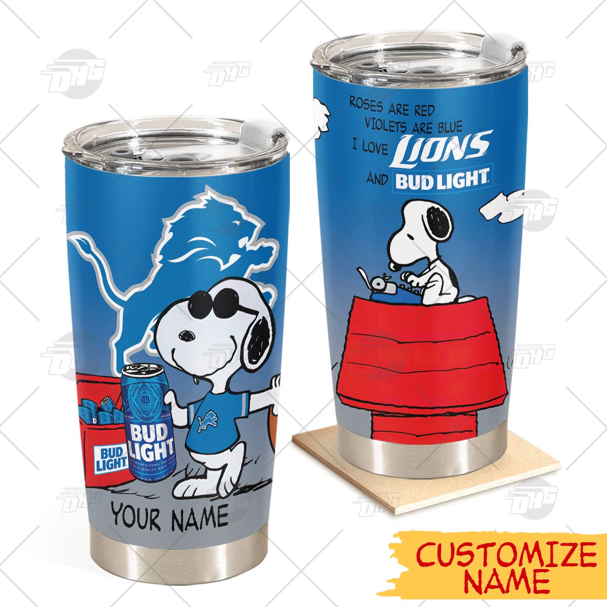 Personalized Detroit Lions Tumbler Snoopy Bud Light Beer Lover Stainless Steel Tumbler 20Oz 30Oz