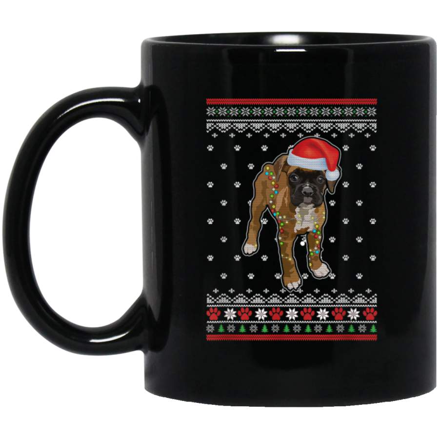 Boxer Christmas Ugly Sweater Lights Dog Xmas Gift 11 oz 15 oz Mug Black