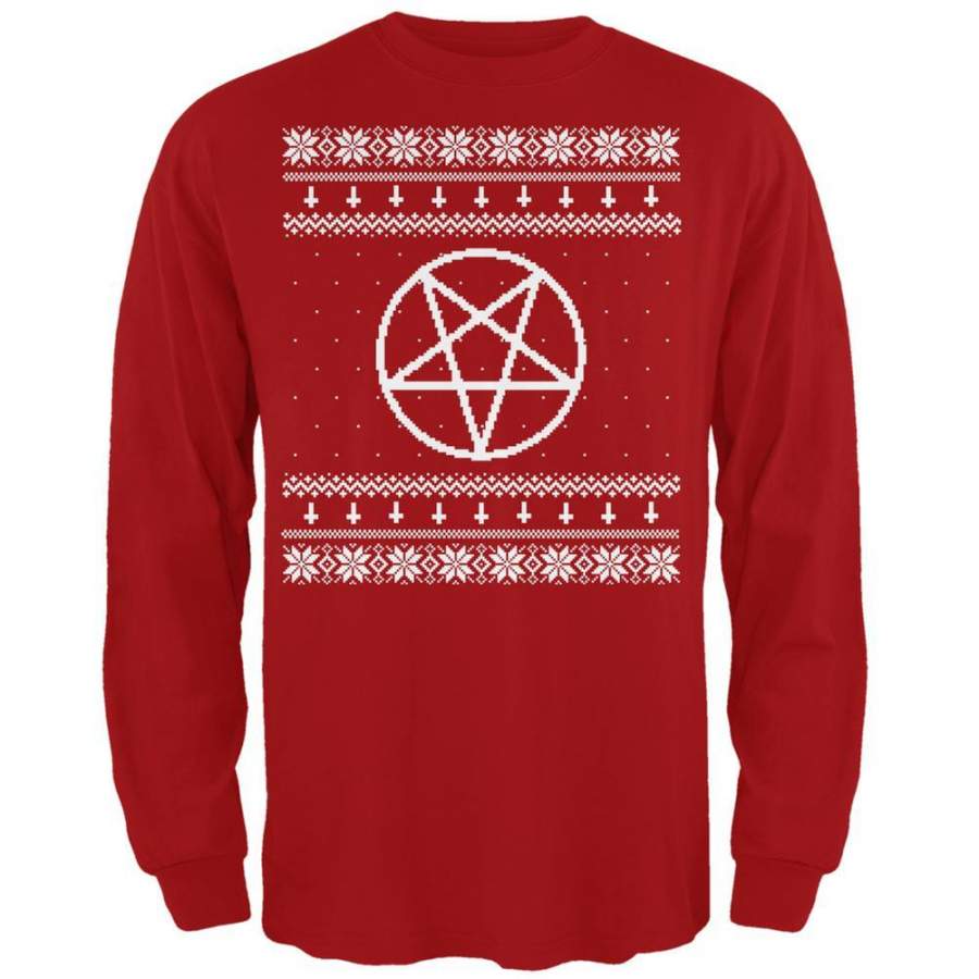 White Satanic Pentagram Ugly Christmas Sweater Red Adult Long Sleeve T-Shirt