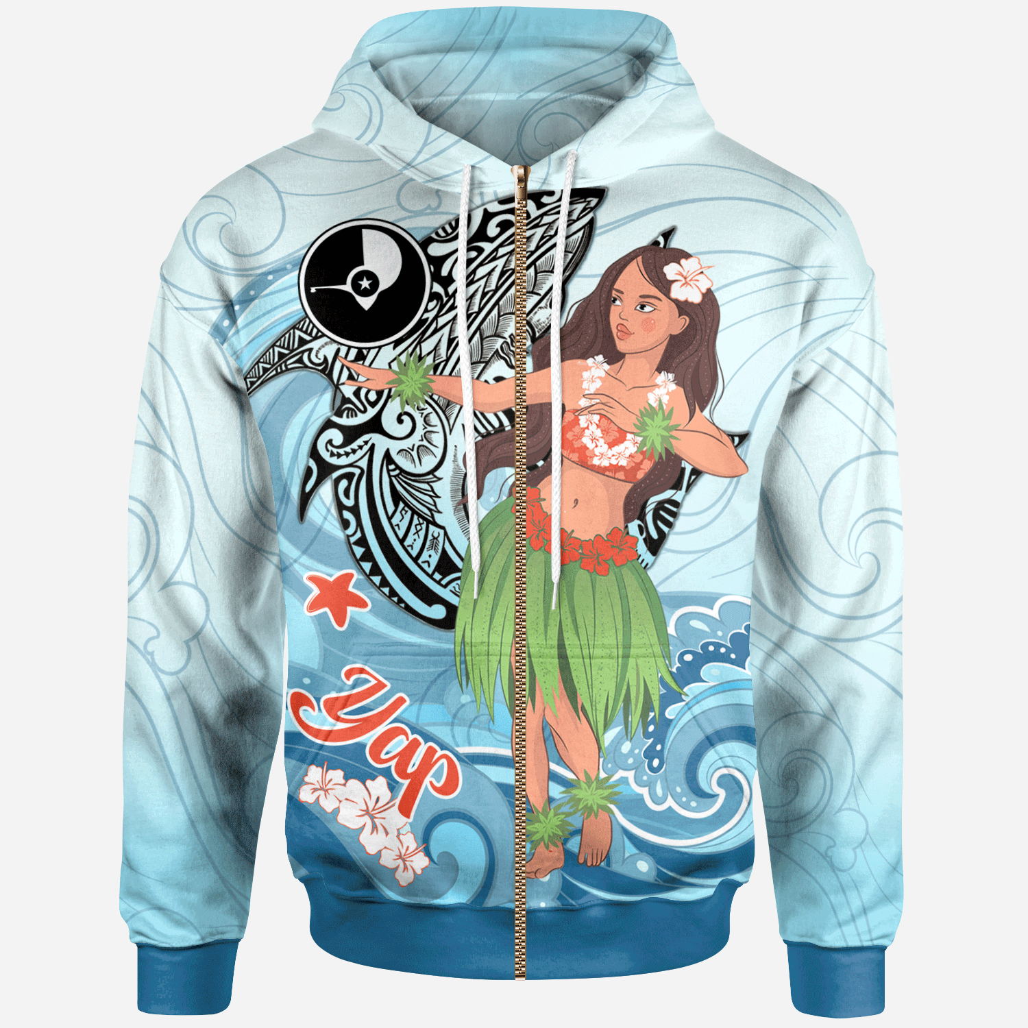 Yap Zip Hoodie – Polynesian Girls With Shark – Pacific Print Hoodie