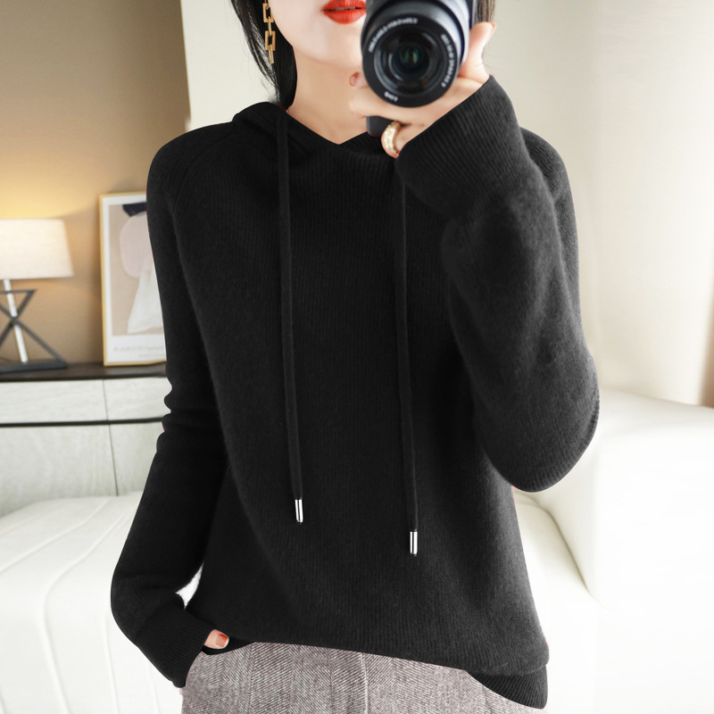 Wool Cashmere Sweater 2021 Spring /Autumn Women’s Hooded Collar Pullover Casual Knitted Top Korean Long-sleeved alx