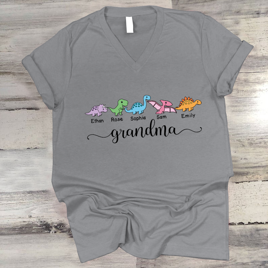 Grandma And Grandkids Saurus V-Neck