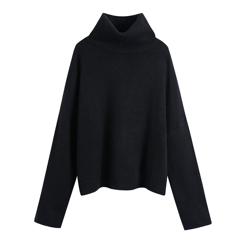 Women Fashion With Ribbed Trim Loose Knit Sweater Vintage High Neck Long Sleeve Female Pullovers Chic Tops alx