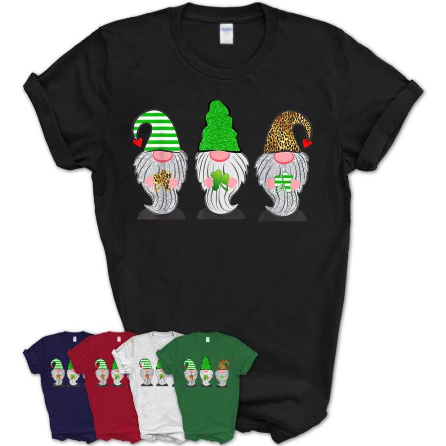 Three Gnomes St Patricks Leopard Plaid Holding Clover Gift T-Shirt