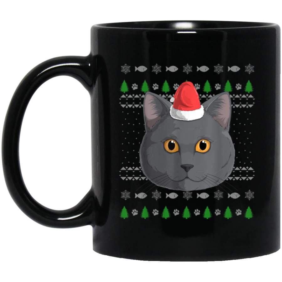 British Shorthair Cat Santa Claus Hat Ugly Christmas Pattern Black Mug