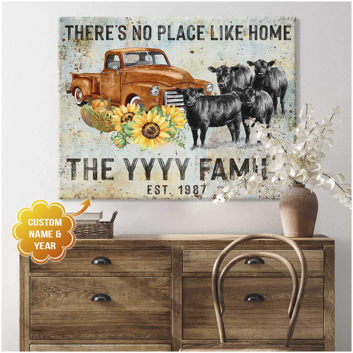 Vintage Truck And Angus Cows On Rustic Wood There's No Place Like Home Farmhouse Custom Name And Year Canvas Poster Print, Canvas Wall Decor