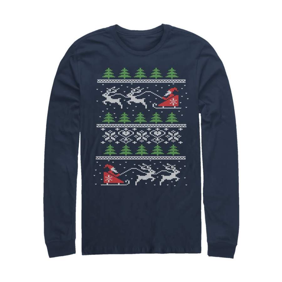 Lost Gods Men’s Ugly Christmas Santa’s Sled  Long Sleeve Shirt Navy Blue