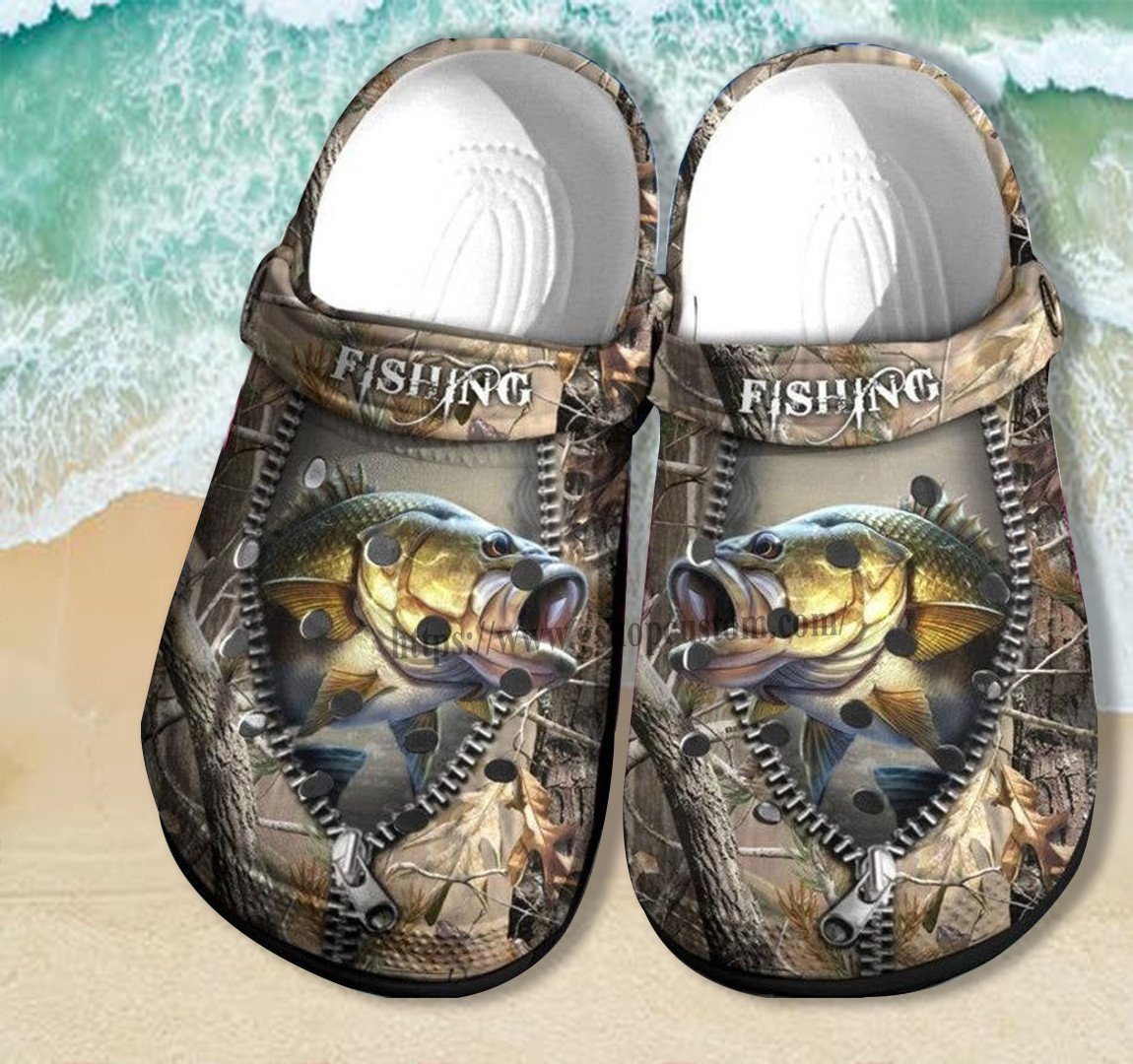Bass Fishing Camping Crocs Shoes Gift Men Father Day 2022- Camo Jungle Fishing Shoes Croc Clogs Grandpa Gift- Cr-Ne0209