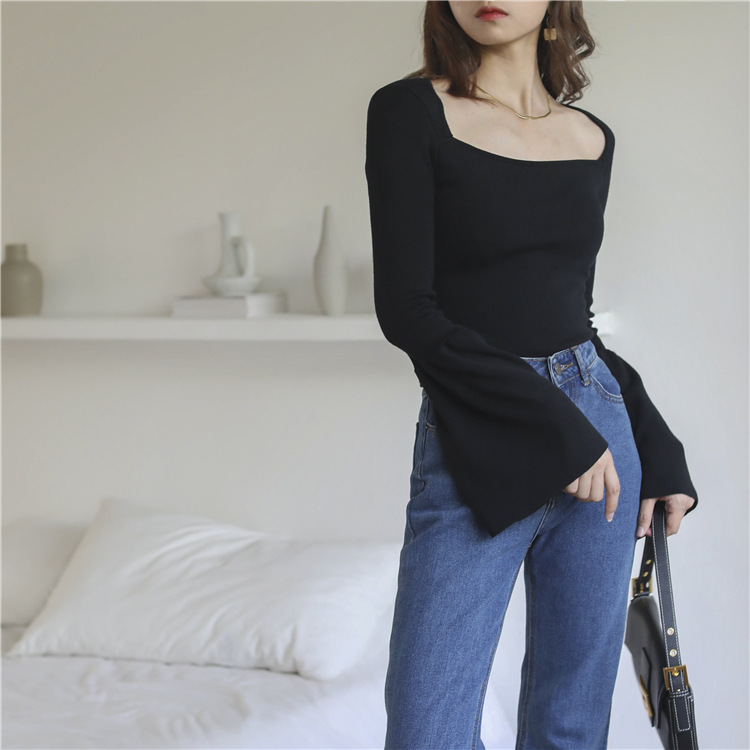 Slash Neck Fashion Knit Flare Sleeves Women Crop Tops Sweater Spring Fall Black Color Lady Tees T-Shirt Pullover alx