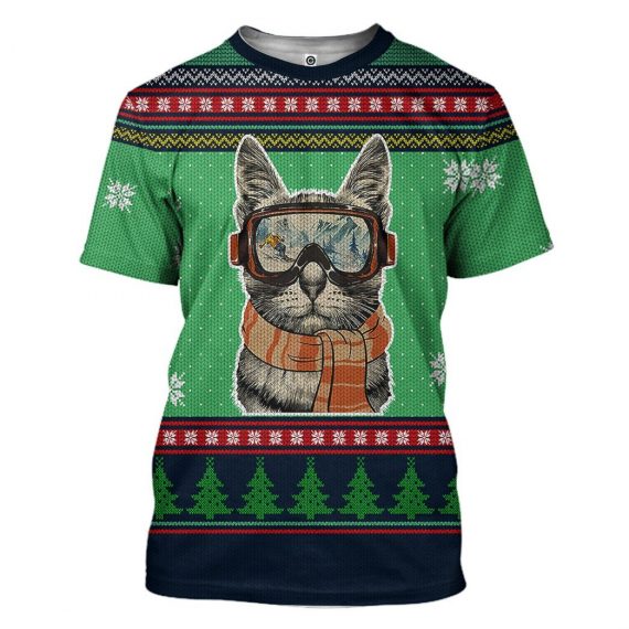 3D Custom Skiing Cat Ugly Christmas All Over Print Unisex Tshirt For Cat Lovers