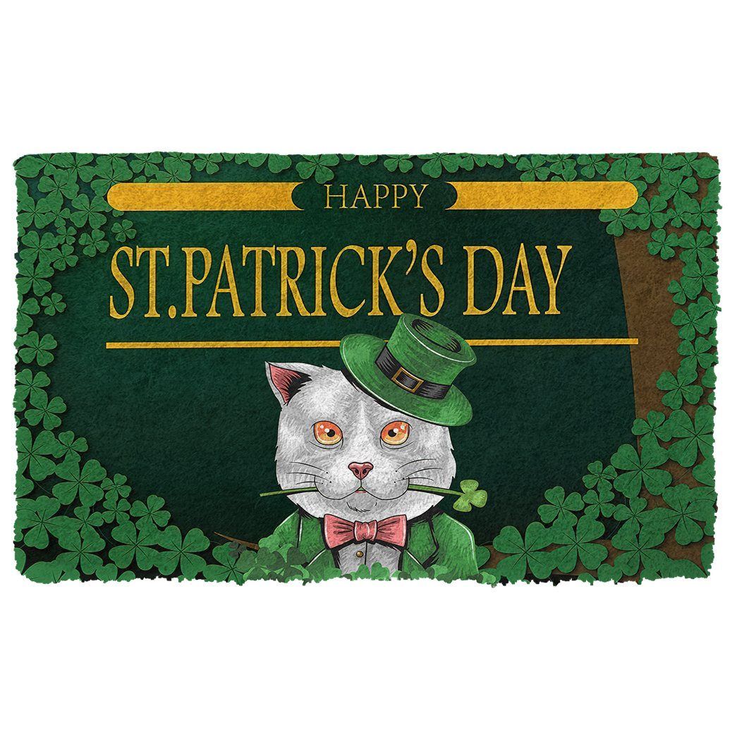 Gearhumans 3D Happy St Patrick Day White Cat Custom Doormat