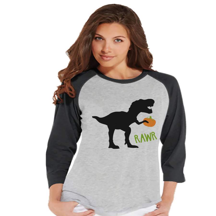 Women's Halloween Shirt - Funny Halloween Dinosaur Shirt - Pumpkin Dino - Halloween Party - Adult Halloween Costumes - Grey Halloween Raglan - Ideas for Halloween 2024