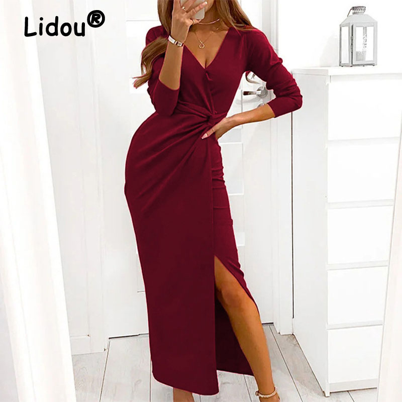 Summer Autumn 2022 Deep V-neck Long Sleeve Solid Color Midi Dress Sexy High Slit Chic Party Evening Elegant Club Dress Outfits alx