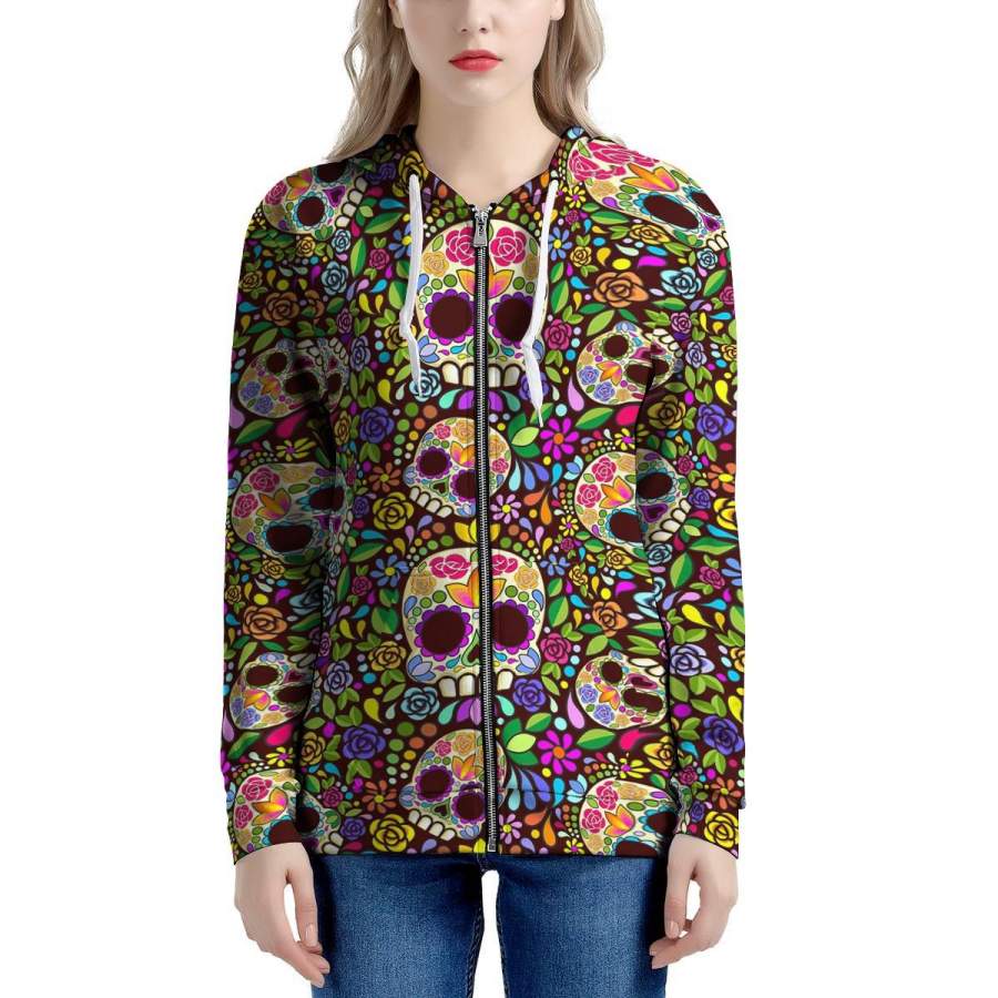 Sugar Skull Mexican Floral Women’s Zip Up Hoodie