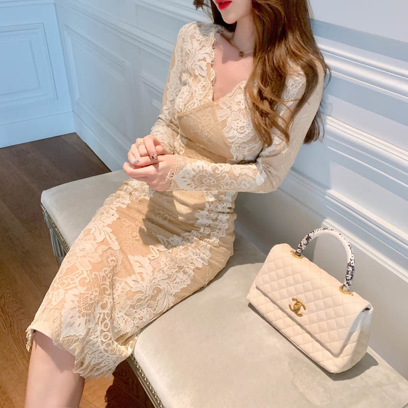 2022 Spring New European Style Bottoming Lace Dress Women Temperament Korean Style Gentle Style Mid-length Women Dress alx