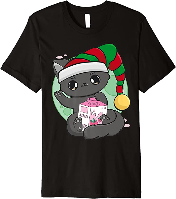 Cat Strawberry Milk Christmas Kitten Chibi Anime Neko Kawaii Premium T-Shirt