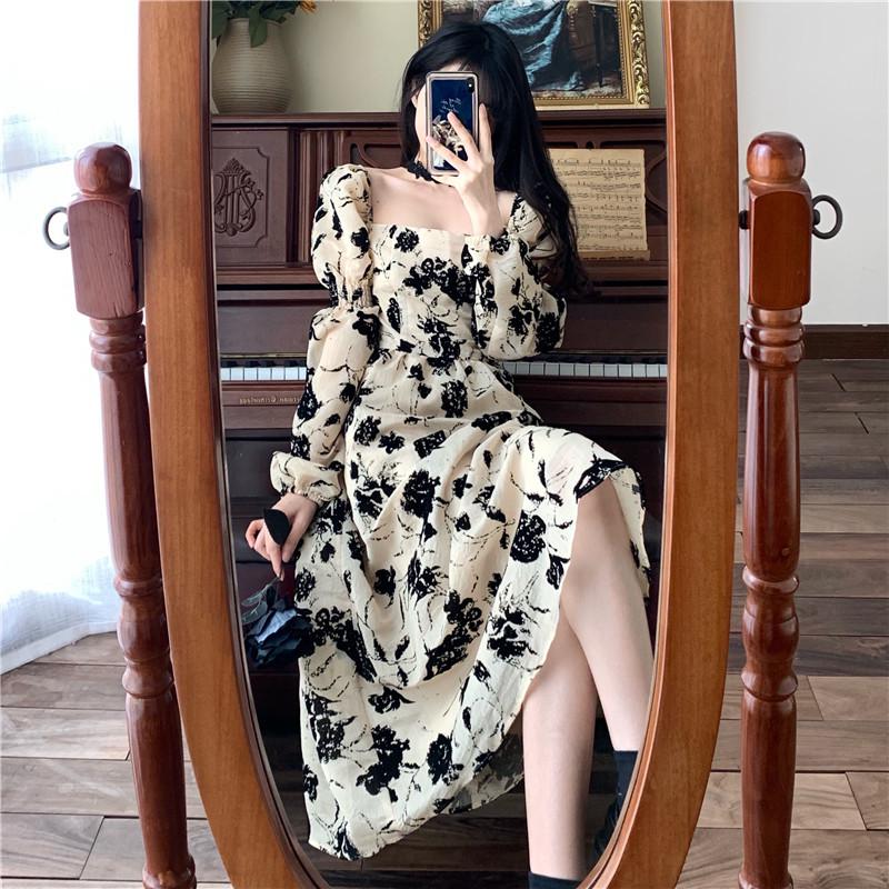 4XL Plus Size Vintage Floral Long Dress For Women Spring Autumn Square Neck Puff Sleeve A Line Dress Lady Chic party Vestidos alx