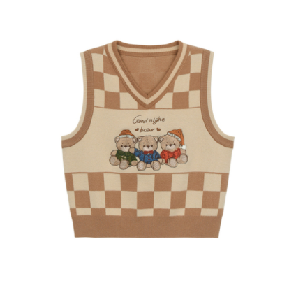 Spring Autumn Kawaii V-Neck Sleeveless Jk Sweater Women Sweet Preppy Style Cartoon Bear Embroidery Knitted Vest Jumper Waistcoat alx