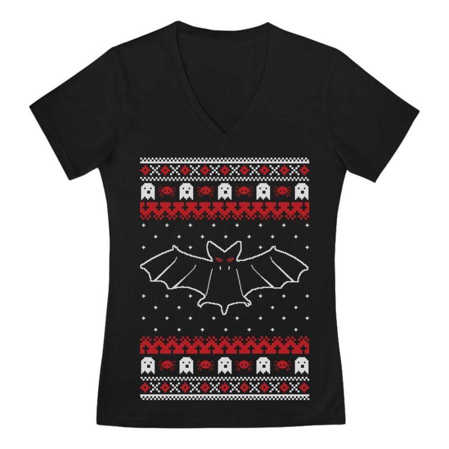 Bats Ugly Christmas Sweater V-Neck Fitted Women T-Shirt