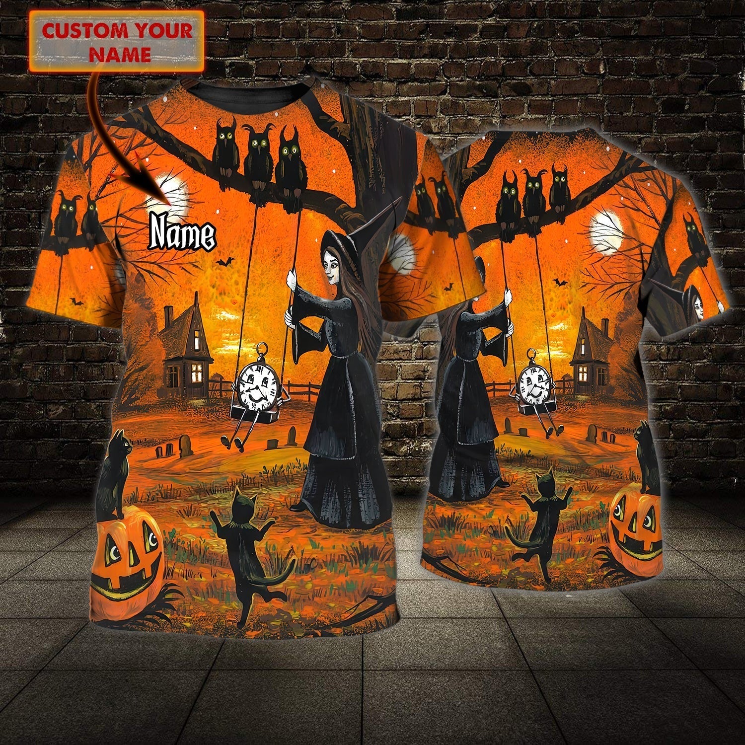 Custom Funny Halloween Shirt, Black Cat Dancing Witch 3D Tshirt, Unisex Halloween Shirts