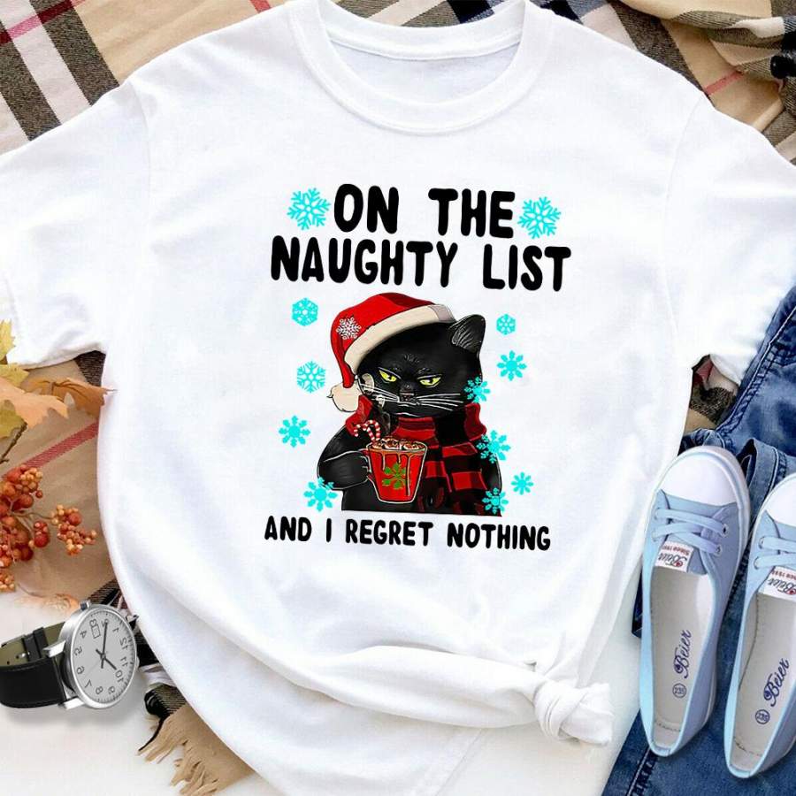 Christmas black cat on the naughty list i regret nothing snowflake santa hat candy cane white cotton t shirt for men and women S-6XL