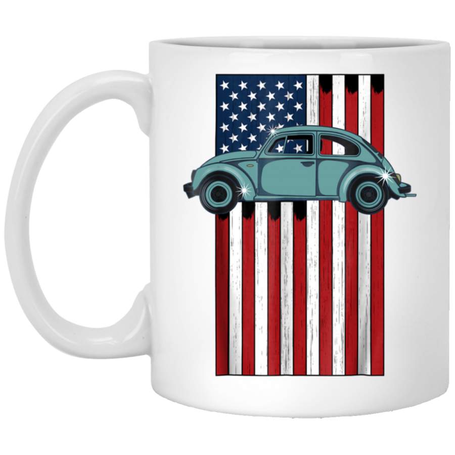 Vintage Hippie Retro Punch Bug Beetle Car USA Flag White Mug