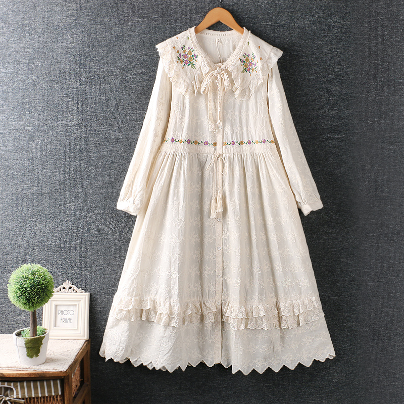 Autumn Dress Women 2021 Embroidery Detachable Large Lapel Long Sleeve Single Breasted Sweet Lolita Princess Midi Dress 79-21176 alx