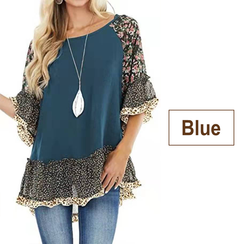 Vintage Floral Chiffon Shirt Women Summer O Neck Loose Pullover Top Casual Half-Sleeved Ladies Blouse Shirt alx