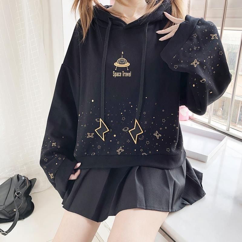 Women Lolita Costume Thin Hoodies Cartoon Stars Black Long Sleeve Top Girls’ Adult Winter Keep warm Clothing