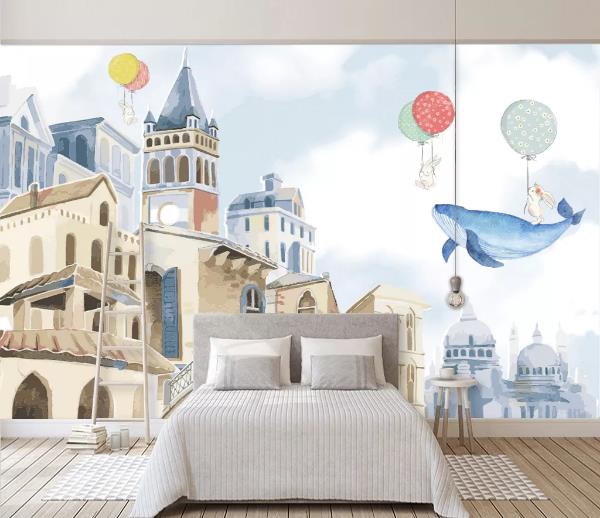 3D Castle Shark Balloon Rabbit Child Wall Mural Wallpaper 1005