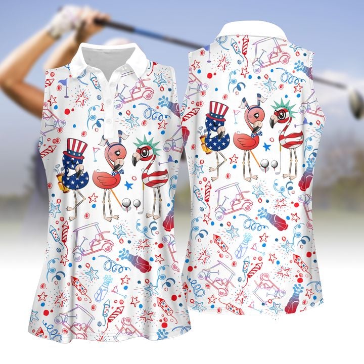 Flamingo Independence Day Pattern Women Golf Apparels, Golf Polo Shirt For Women